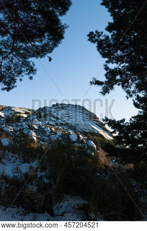 Snowy Top Of La Muela In La Garganta Extremadura Vertically With Trees, Vertical