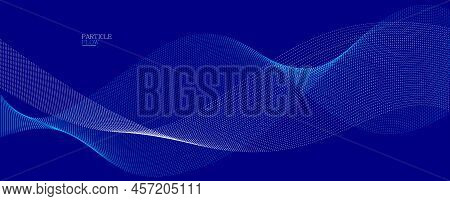 Blue Dots In Motion Dark Vector Abstract Background, Particles Array Wavy Flow, Curve Lines Of Point
