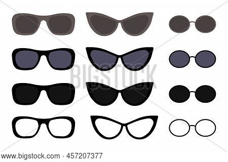 Black Sunglasses Set In Modern Style. Cartoon Style. Modern Concept Background. Vector Illustration.