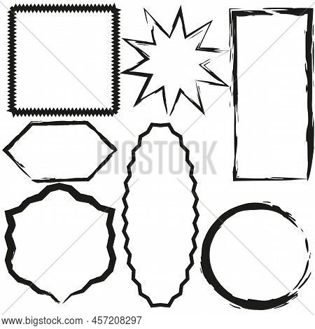 Brush Frames Various Shapes. Grunge Texture. Hand Drawn Vector Set. Edge Frame. Vector Illustration.