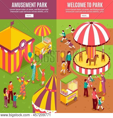 Isometric Amusement Park Circus Vertical Banners Collection With Isolated Text More Button And Enter