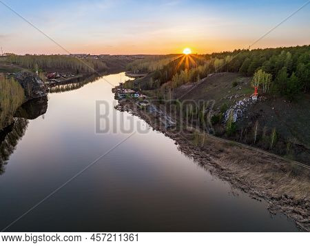 Beauriful Sunset View Along The Iset River And Rocks Near Kamensk-uralskiy. A Scenic Sunset At The R