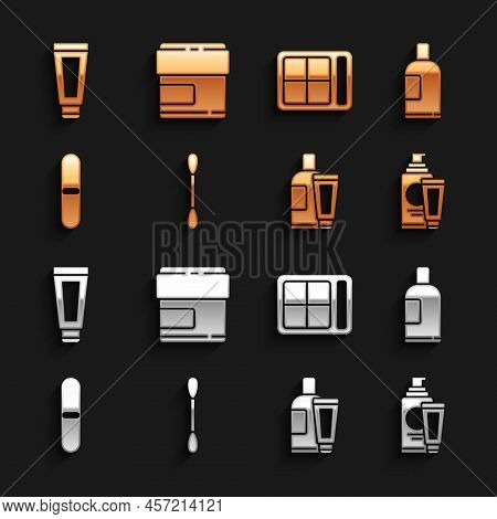 Set Cotton Swab For Ears, Bottle Of Shampoo, Cream Lotion Cosmetic Tube, Nail File, Eye Shadow Palet