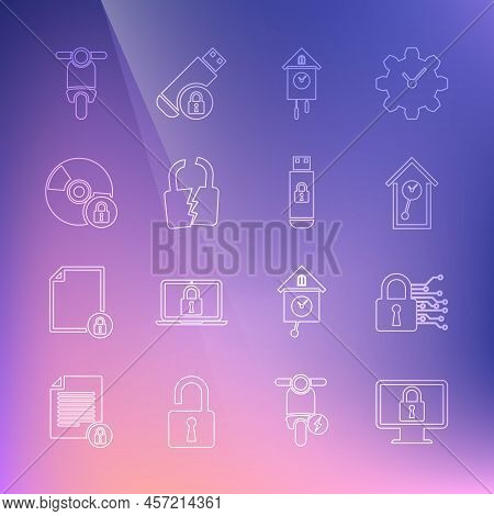 Set Line Lock On Monitor, Cyber Security, Retro Wall Watch, Broken Cracked Lock, Cd Dvd Disk With, S