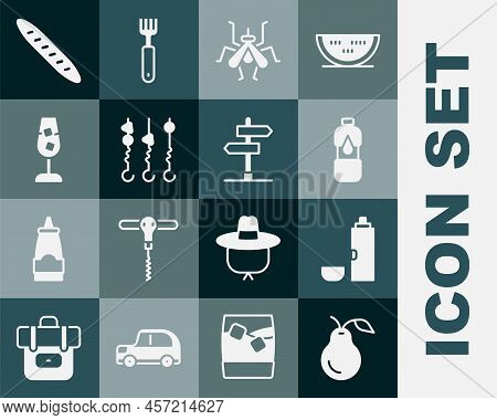Set Pear, Thermos Container, Bottle Of Water, Mosquito, Grilled Shish Kebab Skewer, Wine Glass, Fren
