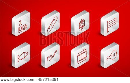 Set Line Chicken Leg, French Baguette Bread, Retro Wall Watch, National Germany Flag, Wooden Barrel,
