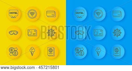 Set Line Money Exchange, Ski Goggles, Passport With Visa Stamp, Ship Steering Wheel, Location Hotel,
