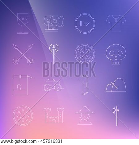 Set Line Medieval Halberd, Bale Of Hay And Rake, Skull, Round Wooden Shield, Axe, Crossed Arrows, Go