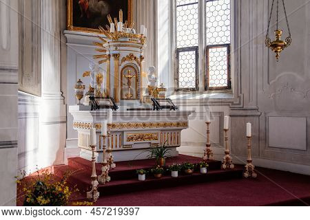 Litomysl, Czech Republic, 17 April 2022:  Castle Chateau Representative Interior, White Chapel Of St