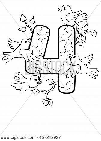 Coloring Page - Numbers. Education And Fun For Childrens. Printable Sheet - 4 Four And Birds