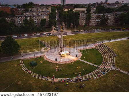Siauliai, Lithuania - 23rd June, 2021: Aerial View St. Johns Midsummer Festival Concert In City Siau