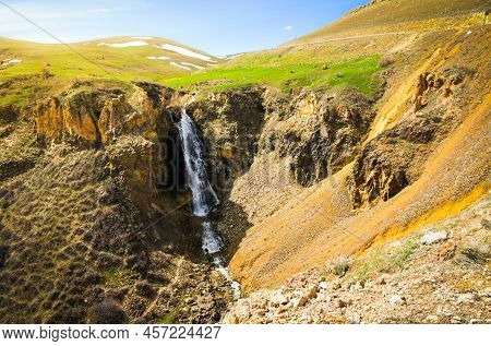 Susuz Waterfall In Kars Province Of Turkey With Beautiful Green Spring Nature