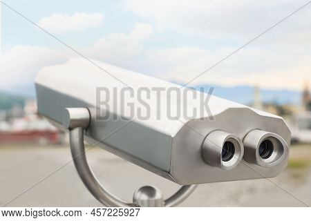 Metal Tower Viewer Installed Near Beach, Closeup. Mounted Binoculars