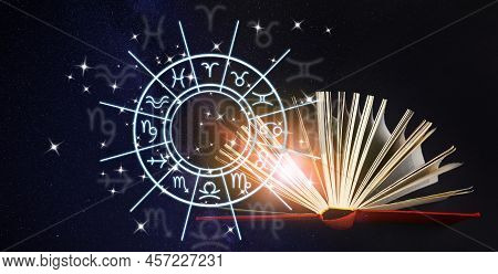 Old Books, Illustration Of Zodiac Wheel With Astrological Signs And Starry Sky At Night. Banner Desi