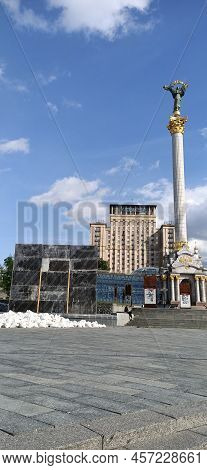 Kyiv, Ukraine May 23, 2022: Carefully Protected From The Bombing Monument To The Founders Of The Cit