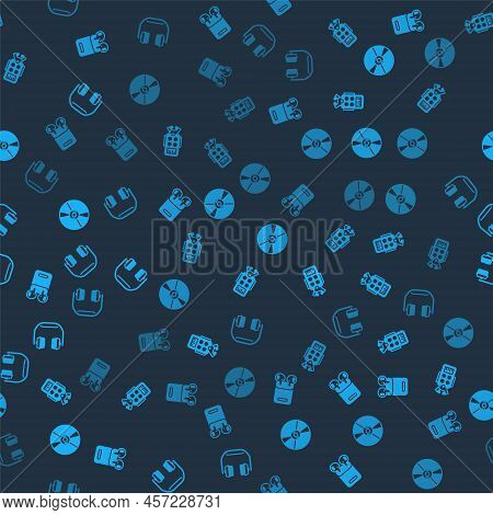 Set Air Headphones In Box, Microphone, Cd Or Dvd Disk And Headphones On Seamless Pattern. Vector