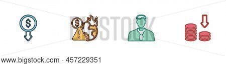 Set Dollar Rate Decrease, Global Economic Crisis, Worker And Icon. Vector