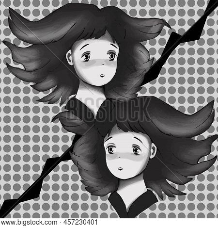 Drawn Girl And Anime Comic In Black And White. The Girl Develops Hair, A Beautiful Illustration