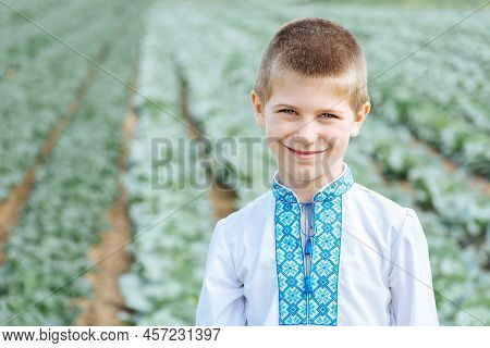 Soft Selective Focus Child In An Embroidered Ukrainian Shirt On A Background Of A Field Of Green Cab