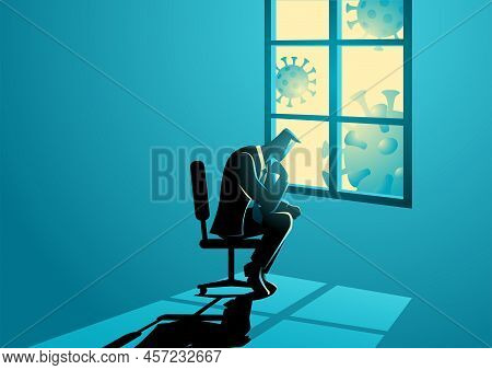 Vector Illustration Of Man Figure Sitting Sadly Near The Window. Coronavirus Impact In Business, Eco