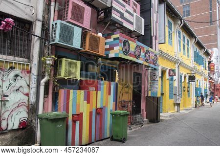 Kuala Lumpur, Malaysia - Jun 7, 2022: The Old Historical Houses And Shops At Lorong Or Jalan Panggun