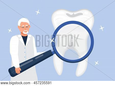 Dental Services Vector Concept. Doctor Takes Magnifier Glass. Dentist Make Scan Of Teeth To Help Too
