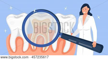 Dental Services Vector Concept. Doctor Takes Magnifier Glass. Dentist Make Scan Of Teeth To Help Too