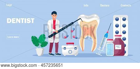 Dental Services Vector Concept For Landing Page. Dentists Make X-ray Scan Of Teeth To Help Toothache