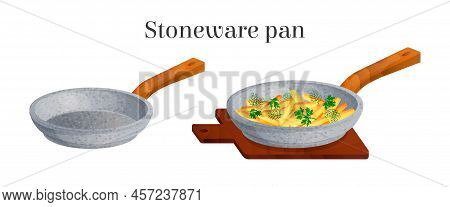 Stoneware Pans Full Of Fried Potatoes And Empty