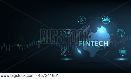 Financial Technology Concept And Business World Class Design.icon Fintech And Things On Dark Blue Te