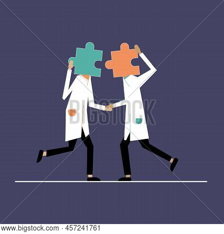 Vector Of Two Doctors In Uniform Putting Head -puzzle Pieces Together A Symbol Of Team Work, Medical