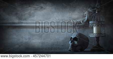 Mystical Halloween Still-life Background. Skull, Candlestick With Candles, Old Fireplace. Horror And