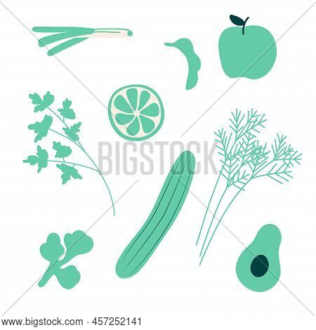 Abstract Simple Green Fruit Vegetables Greens Set, Vegeterian Food Collection. Fresh Doodle Kids Lee