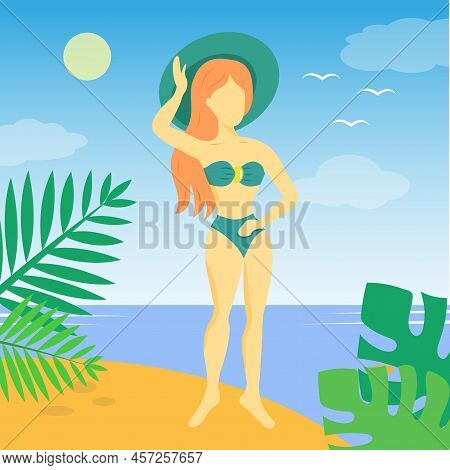 Beach Vibe Concept. Beautiful Woman On The Beach On Vacation Is Having A Great Time. Illustration In