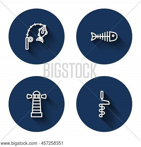 Set Line Fishing Rod And Fish, Skeleton, Lighthouse And Hand Ice Drill With Long Shadow. Blue Circle