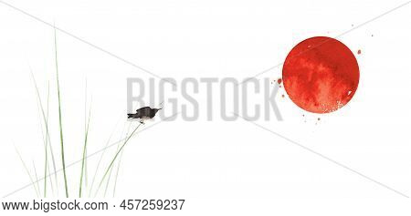 Bird Sitting On Reed Grass Stem In Fog And Big Red Sun. Traditional Oriental Ink Painting Sumi-e, U-