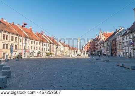 Maribor, Slovenia - June 2, 2022: Maribor Town's Main Square (glavni Trg) With Plague Column.