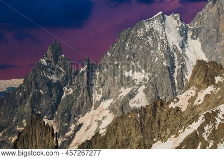 View Of The Peak Of Pointe Helbronner At The Last Lights Of The Day In France Europe