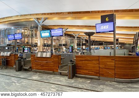 Oslo, Norway - January 2018: Sas, Scandinavian Airlines, Check-in Counter At Oslo Gardermoen Interna