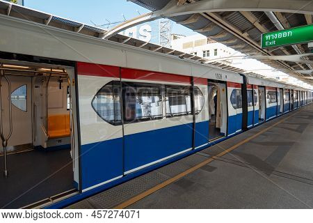 Bangkok, Thailand - December 2021: Bts Skytrain At Platform. Bts Is  Bangkok Transit System Train Dr