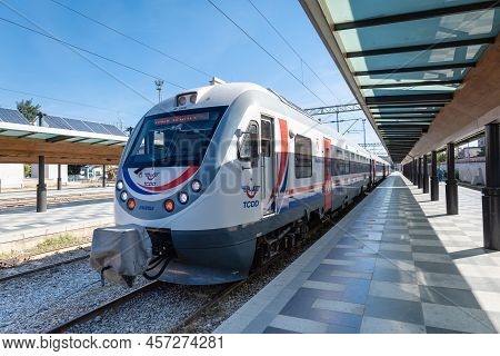 Izmir, Turkey - September 2021: Tcdd Train, Turkish State Railways Fast Train, At Platform In Izmir 