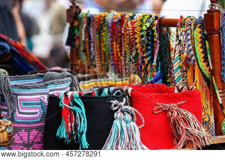 Street Sale Of Hand Made Traditional Colombian Mochilas And Necklaces At Caldas Square In The Center