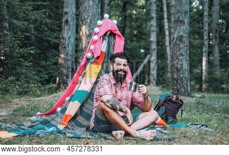 Tourism Rest On Nature. Travel Recreational Outdoor Activity Concept. Rest Camping. Shelter Of Branc