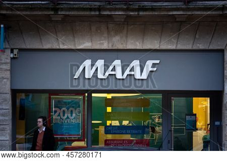 Bordeaux, France - February 24, 2022: Selective Blur On Maaf Logo In Front Of Their Local Agency In 