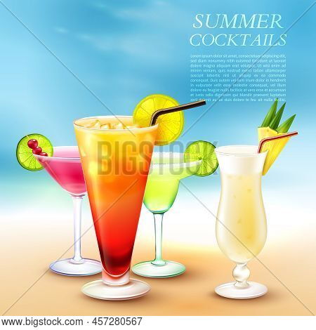Drinks Realistic Composition With Blurry Marine Beach Background And Glasses Filled With Different C
