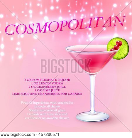 Drinks Realistic Background With Martini Glass Filled With Purple Drink With Berries And Lime Slice 