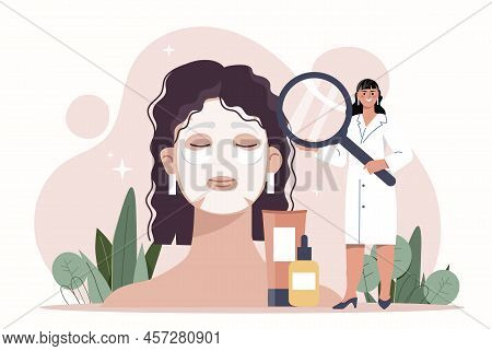 Cosmetologist Help Woman. Young Specialist Examines Skin Of Girl, Apply Cosmetic Mask On Her Face. Y