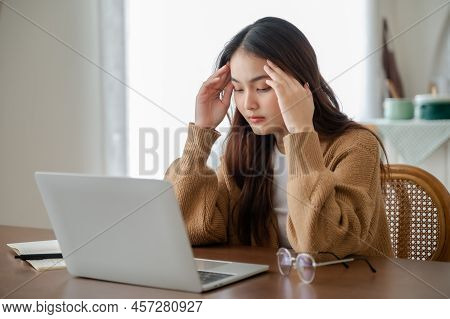 Office Syndrome. Overworked Tired Young Asian Woman Feeling Headache, Having Eyesight Problem After 