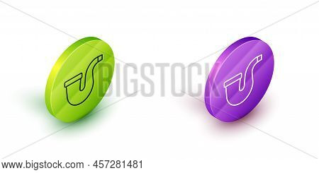 Isometric Line Smoking Pipe With Smoke Icon Isolated On White Background. Tobacco Pipe. Green And Pu