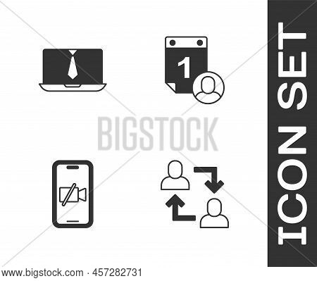 Set Project Team Base, Video Chat Conference, Camera Off Mobile And Time Management Icon. Vector